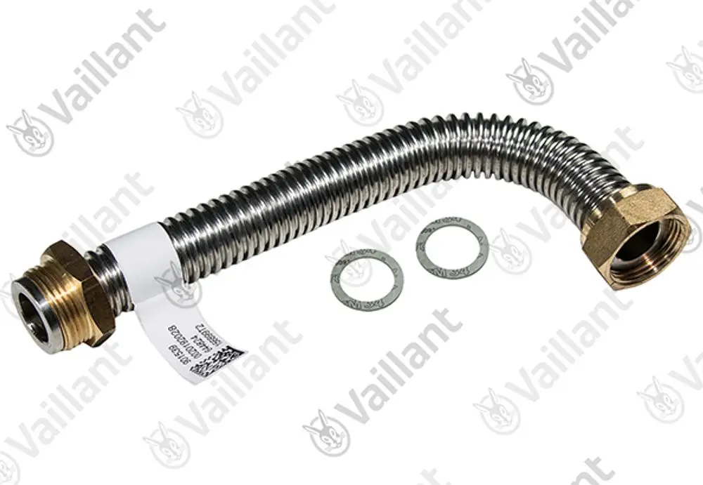 Flexible Gasleitung von Vaillant mit einem gewellten Metallrohr, einem gewinded auf der linken Seite und einem schraubbaren Anschluss auf der rechten Seite, einschließlich zwei Dichtscheiben.